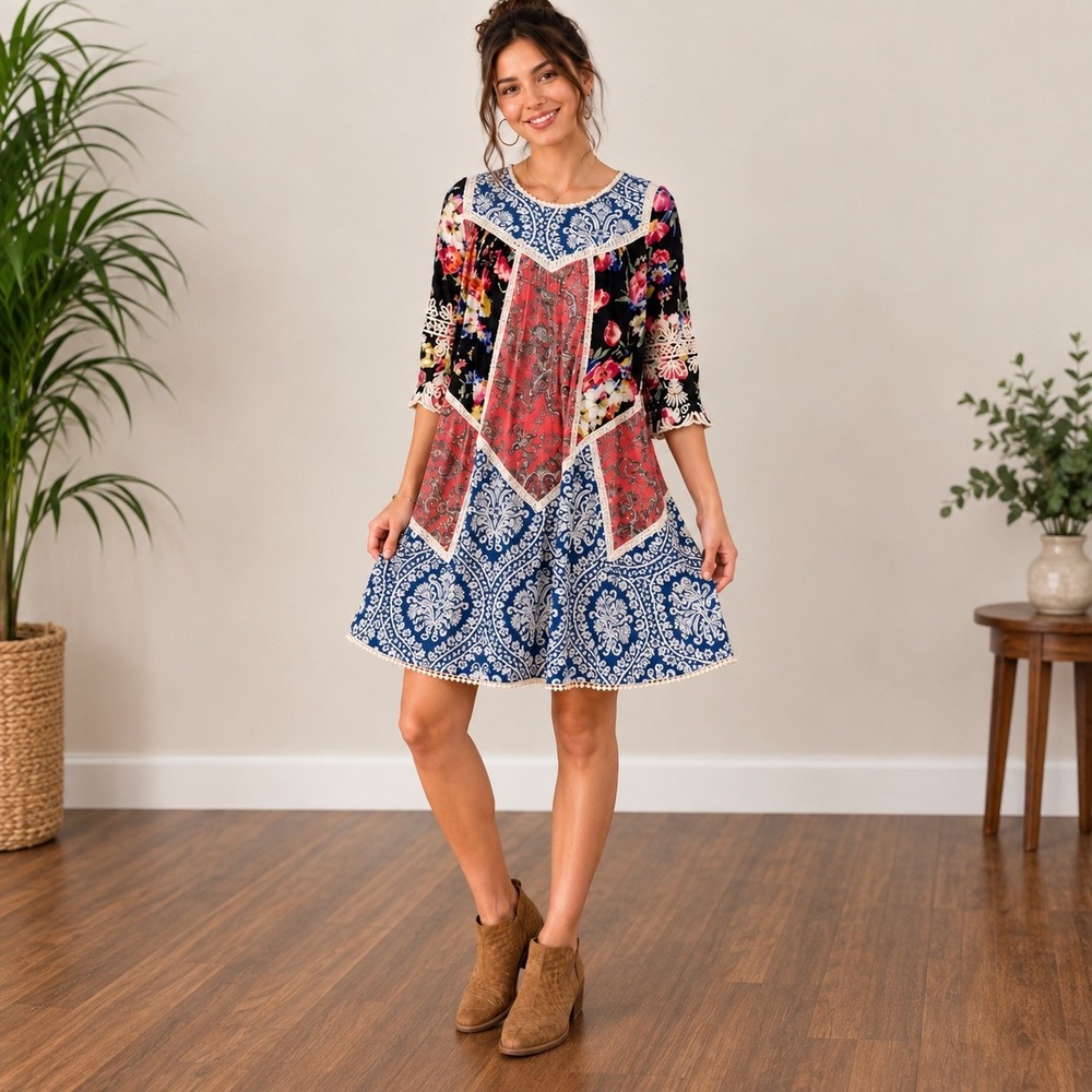 Vanessa Virginia Anthropologie Patchwork Mixed Print Lace Trim Dress Size 6